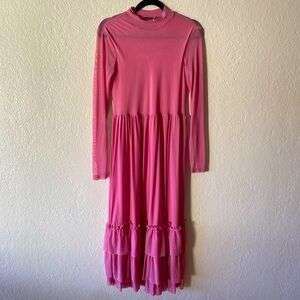 Na-kd Long-Sleeve Midi Dress Size S Pink Modest Ruffles Stretchy Party Cocktail